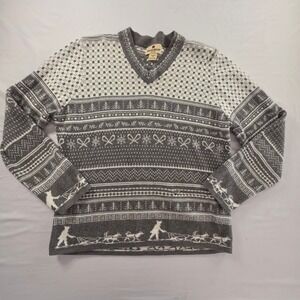 Woolrich V-Neck Fair Isle Sweater Dog Sled Scene M Charcoal Heather Winter Knit